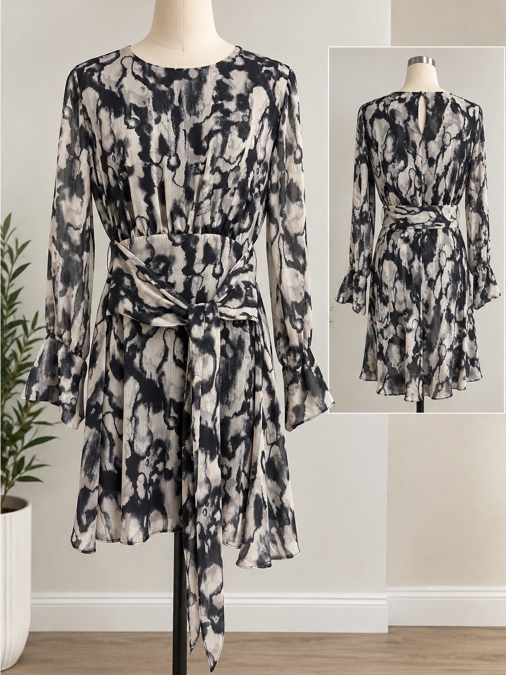 Topshop Black & Cream Printed Tie-Waist Long-Sleeve Dress